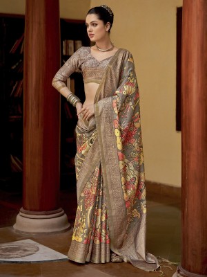 Sareemall Printed Chanderi Silk Blend Saree(Grey)