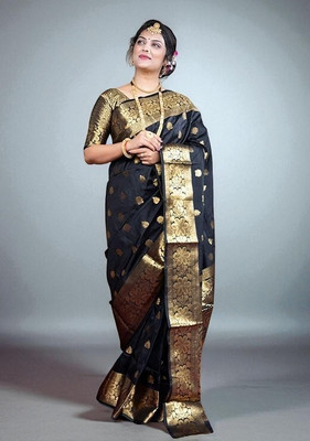 fFASHION Embellished, Solid/Plain, Striped, Temple Border, Floral Print, Dyed, Woven Banarasi Art Silk, Cotton Silk Saree(Black)