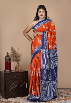 Handprinted Printed Daily Wear Cotton Blend Saree(Orange)