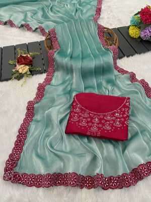 VarniRaaj Fashion Embellished, Solid/Plain Bollywood Silk Blend Saree(Light Blue)