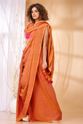 ACHOL Solid/Plain Handloom Cotton Blend Saree(Orange)