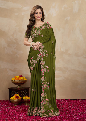 Trendmalls Floral Print Bollywood Silk Blend Saree(Green)