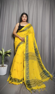 Rnn Saree Embroidered Handloom Pure Cotton Saree(Yellow)