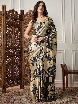Sangria Printed Daily Wear Satin Saree(Beige)