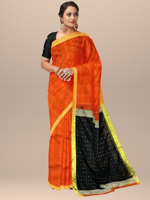 Sarika Embellished Handloom Cotton Blend Saree(Orange)