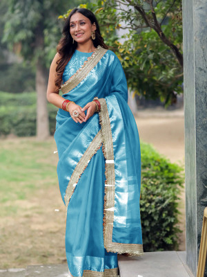 SEVAK SAREES Solid/Plain Banarasi Tissue Saree(Light Blue)