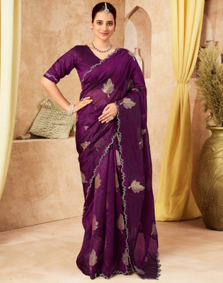 Satrani Woven, Embellished Bollywood Silk Blend Saree(Purple)