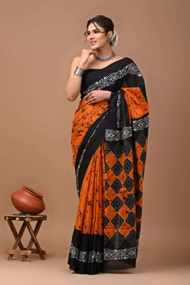 Printed Threads Printed Saree with Attached Blouse Mulmul Saree(Orange, Black)