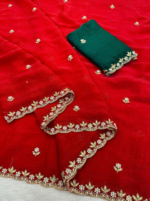 K 5 FASHION Solid/Plain Bollywood Chiffon Saree(Red)