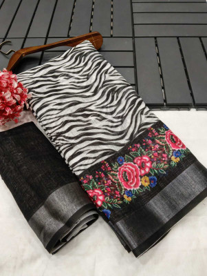 AARAANA Woven, Self Design, Geometric Print Kanjivaram Linen Saree(Black)