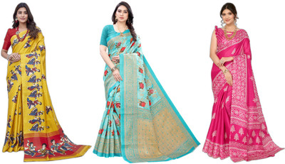 YASHIKA Printed Kanjivaram Art Silk Saree(Pack of 3, Yellow, Blue, Pink)