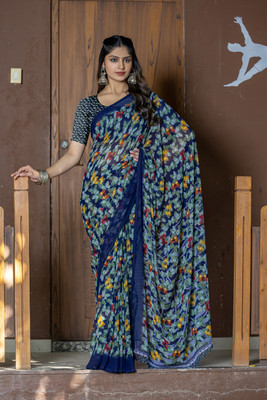 Leelavati Printed Daily Wear Chiffon Saree(Dark Blue, Multicolor)