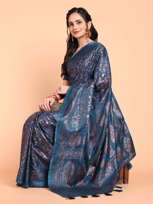 Divastri Floral Print, Embellished, Geometric Print Bollywood Silk Blend Saree(Light Blue)