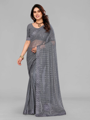 RELLAXAWAVES Embellished Bollywood Lycra Blend Saree(Grey)