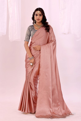 Suali Solid/Plain Bollywood Satin Saree(Pink)