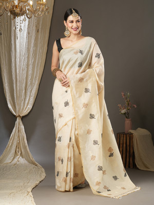 Sareemall Embroidered Banarasi Silk Blend Saree(Cream)