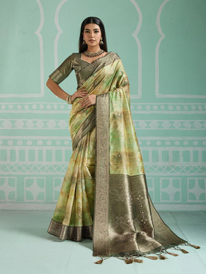 all about you Printed Saree with Attached Blouse Organza Saree(Green)