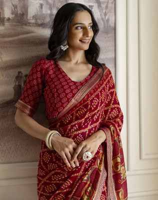 SIRIL Printed, Embellished Bandhani Chiffon, Georgette Saree(Red)