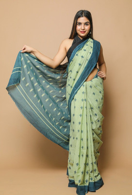 DASTKARPRINT Printed, Color Block, Blocked Printed, Floral Print, Dyed Daily Wear Pure Cotton Saree(Green)