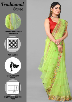Barkiya Creation Embroidered Bollywood Net Saree(Light Green)
