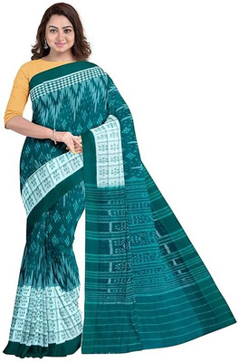 handloom paridhaan Temple Border, Self Design, Hand Painted Sambalpuri Handloom Pure Cotton Saree(Green)