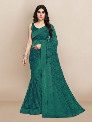 JIVI CLOTHING Solid/Plain, Embroidered Bollywood Net Saree(Green)
