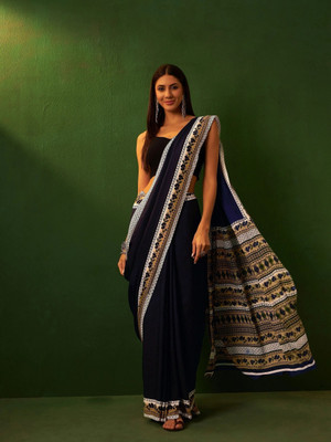 Dori Printed Daily Wear Crepe, Silk Blend Saree(Blue)