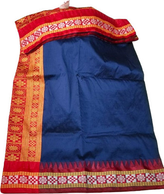 Cirkirow Temple Border, Solid/Plain Sambalpuri Tussar Silk Saree(Dark Blue)