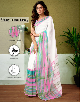 Satrani Floral Print, Geometric Print, Printed Sambalpuri Chanderi, Cotton Blend Saree(White)