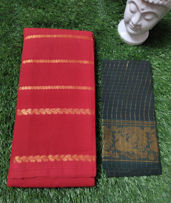 SUBHANKARA ENTERPRISES Striped Madurai Pure Cotton Saree(Pack of 2, Red)