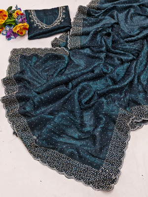 LADDU SAREES Embellished, Solid/Plain Bollywood Silk Blend Saree(Dark Blue)
