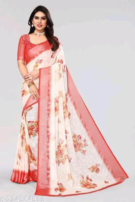 HouseOfCommon Printed Kanjivaram Jacquard, Art Silk Saree(White, Red)
