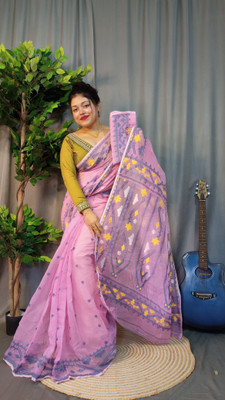 Pasum's Embroidered, Self Design Jamdani Pure Cotton Saree(Pink)
