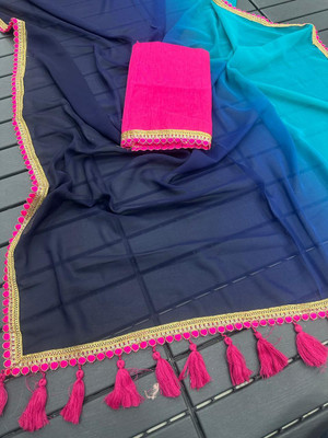 Clothing Hub Solid/Plain Bollywood Georgette Saree(Blue)