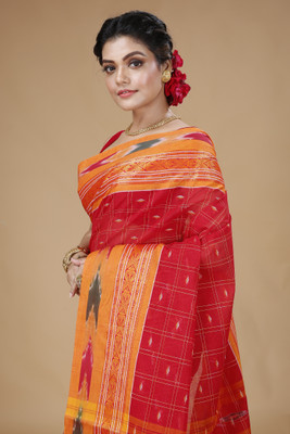 Bong ButiQ Self Design Tant Handloom Pure Cotton Saree(Red)
