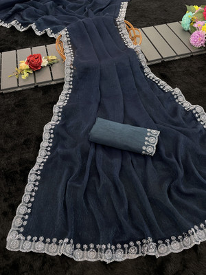 Yashvisaree Embellished, Solid/Plain Bollywood Silk Blend Saree(Dark Blue)