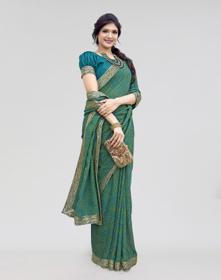 Nirvaan Printed Daily Wear Georgette, Lace Saree(Blue)