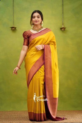 cosfic Woven Banarasi Jacquard, Cotton Silk Saree(Yellow)