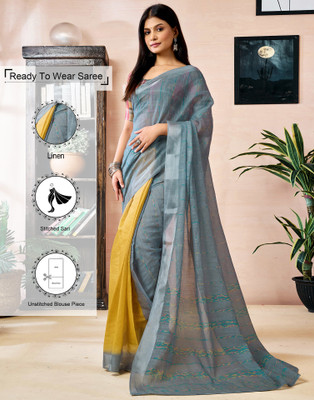 Samah Geometric Print, Printed, Embellished Daily Wear Linen Saree(Yellow, Grey)