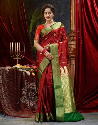 HouseOfCommon Embroidered Banarasi Handloom Satin Saree(Maroon)