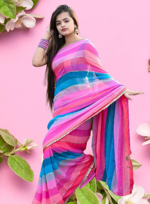 GAVUBAA Digital Print, Printed, Striped Bollywood Georgette Saree(Multicolor)