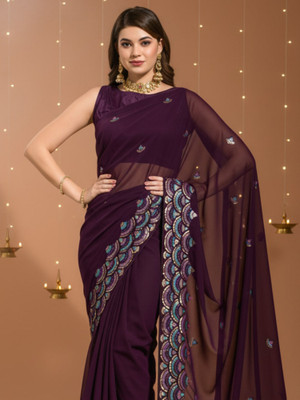 all about you Embellished Bollywood Georgette Saree(Purple)