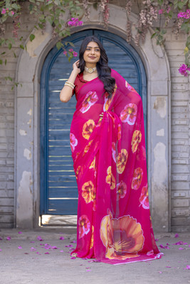 Anmi Printed Bollywood Chiffon Saree(Pink)
