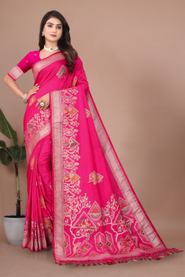 Bindi Woven, Geometric Print, Floral Print Banarasi Nylon Saree(Pink)