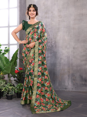 Divastri Printed Bandhani Georgette, Lace Saree(Green)