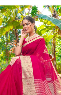 Ss sarees Solid/Plain, Woven Banarasi Organza Saree(Pink)