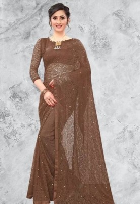 Prisha Fashion Embroidered Bollywood Net Saree(Brown)