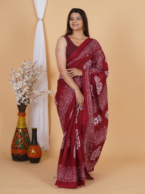 latest cotton mulmul saree Printed, Blocked Printed, Hand Painted Ikkat Pure Cotton Saree(Maroon)