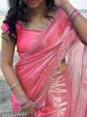 KivaWear Embellished Bollywood Jimmy choo Saree(Pink)