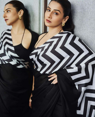 Krish Creation Digital Print Bollywood Satin Saree(Black, White)